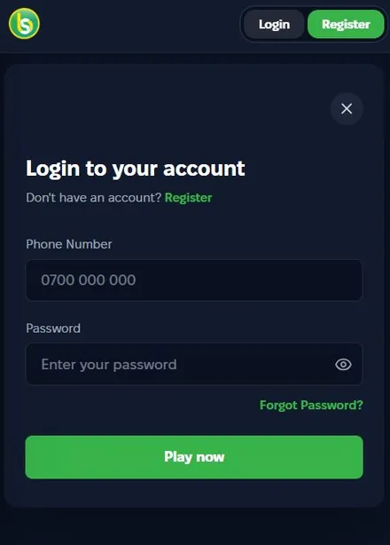 Spurbets Login to your account form with phone number and password