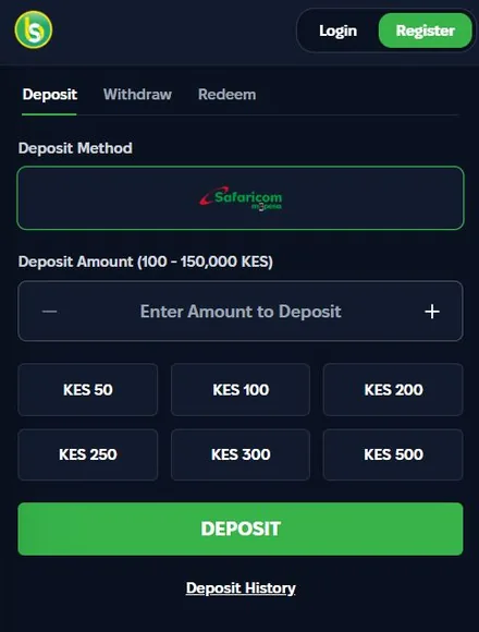 Spurbets wallet Deposit tab with Safaricom M-Pesa and quick amount buttons