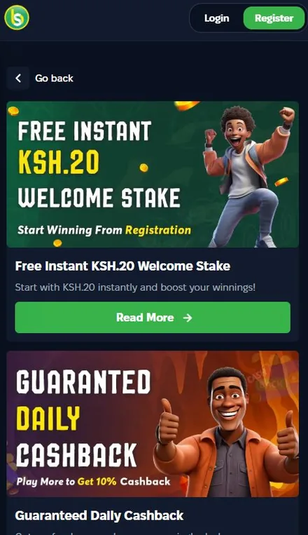 Spurbets promotions page with the free KSh 20 welcome stake and daily cashback